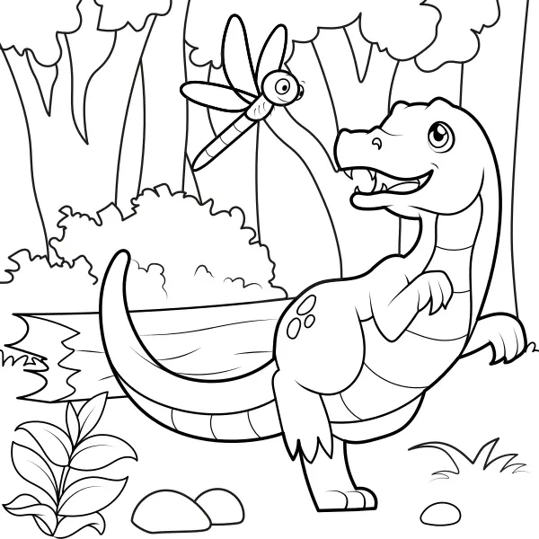 A dinosaur is chasing a dragonfly | Online coloring pages for kids