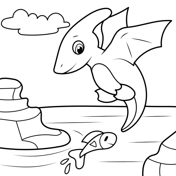 A dinosaur catches a fish | Online coloring pages for kids