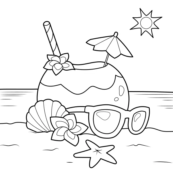 A coconut drink on the beach | Online coloring pages for kids