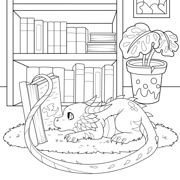 The dragon reading books | Online coloring pages for kids