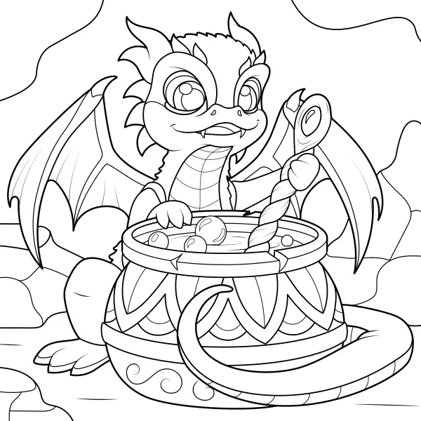 The dragon is mixing an elixir | Online coloring pages for kids