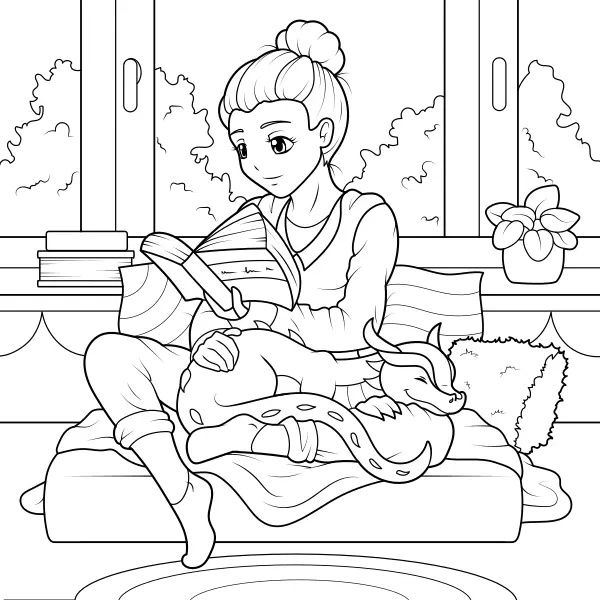 A Girl Reading with a Dragon | Online coloring pages for kids