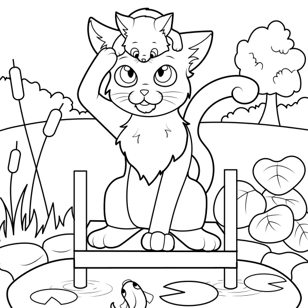 Cats are watching a fish | Online coloring pages for kids