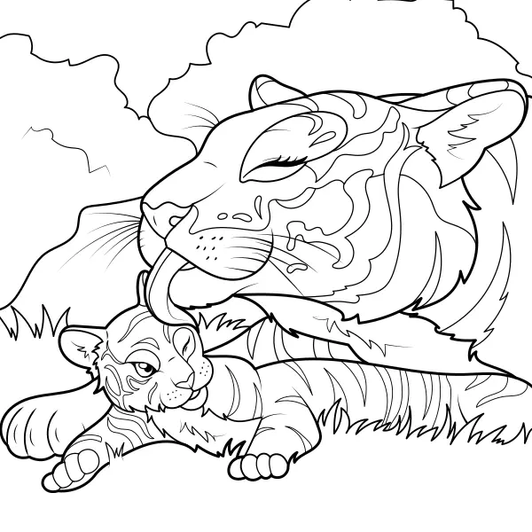 A tiger grooms its cub | Online coloring pages for kids