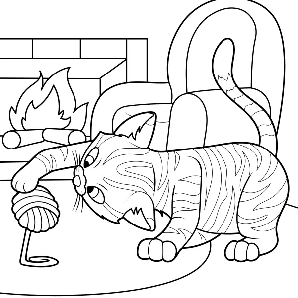 The cat is playing with a ball of yarn | Online coloring pages for kids