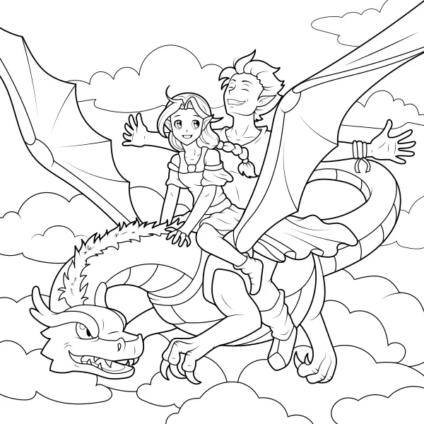Elves are riding a dragon | Online coloring pages for kids