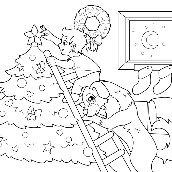 Decorating the Christmas Tree | Online coloring pages for kids
