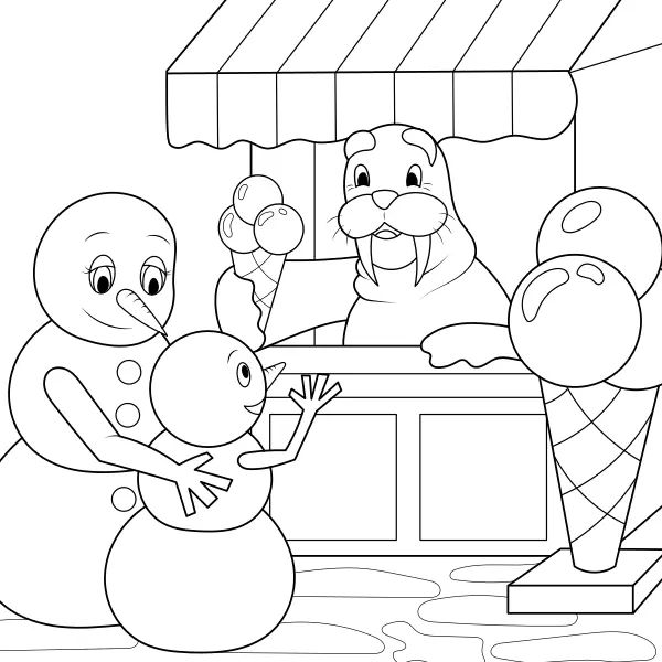 Snowmen are buying ice cream | Online coloring pages for kids