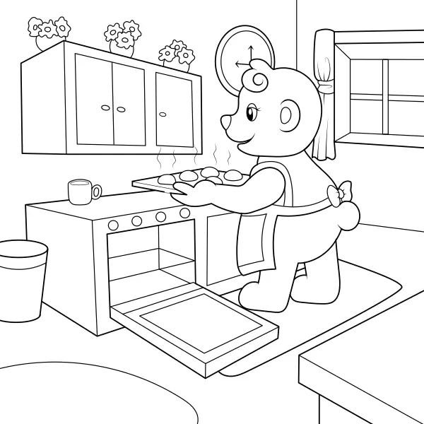 The bear is baking cakes | Online coloring pages for kids