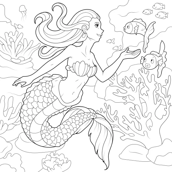 Mermaid with Fish | Online coloring pages for kids