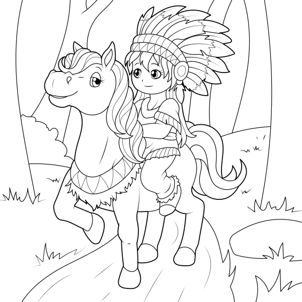 A Native American Woman on Horseback | Online coloring pages for kids