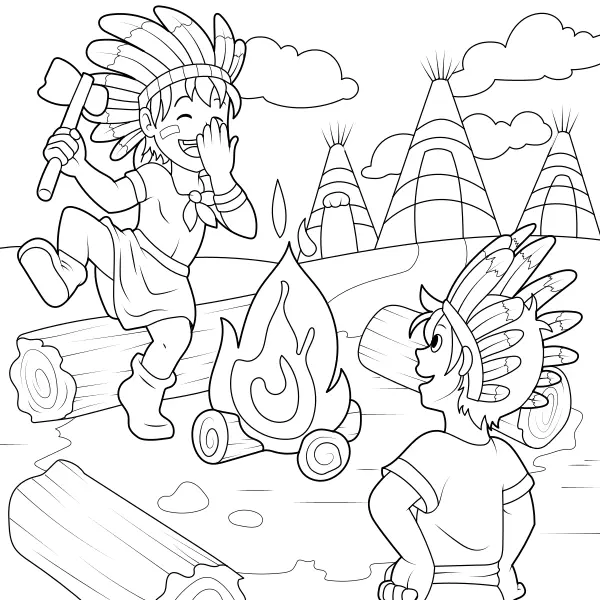 Native Americans by the fire | Online coloring pages for kids