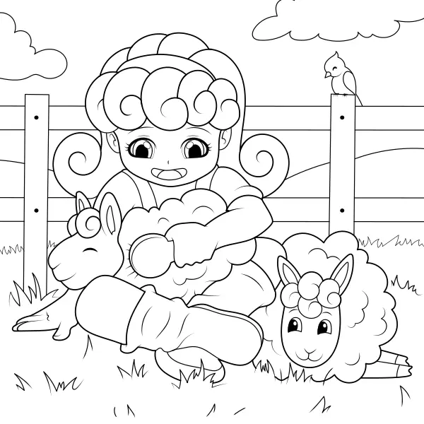 A girl is shearing sheep | Online coloring pages for kids