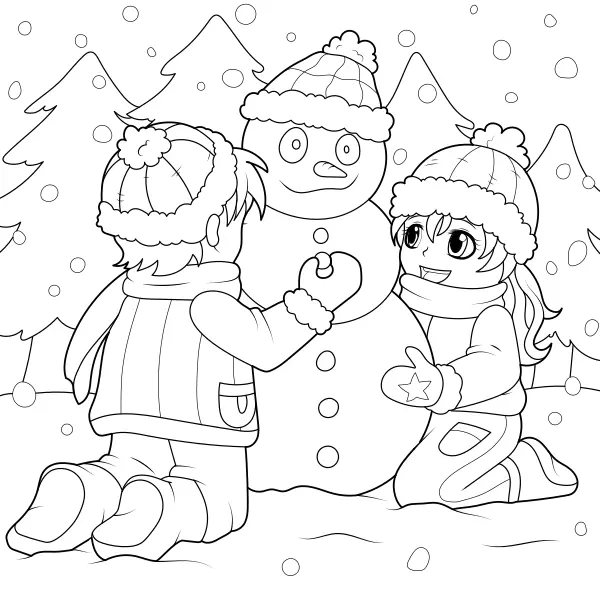 Children are building a snowman | Online coloring pages for kids