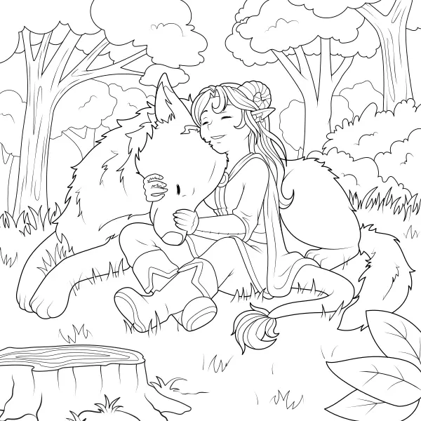 Fantasy Girl with a Wolf | Online coloring pages for kids