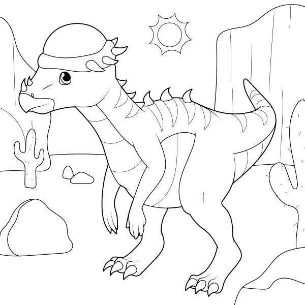 Pachycephalosaurus in the desert | Online coloring pages for kids