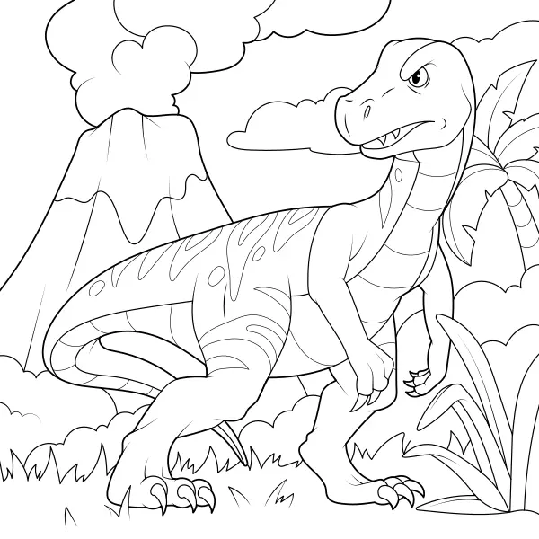T-rex under a volcano | Online coloring pages for kids