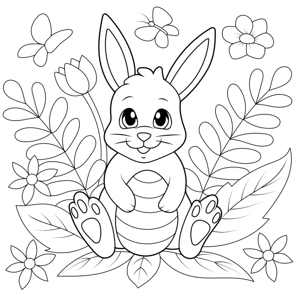 The Easter Bunny, an egg, and flowers | Online coloring pages for kids