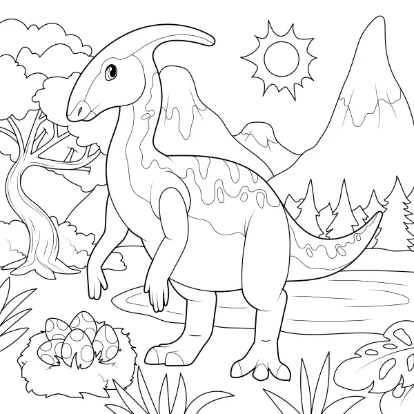 Parasaurolophus with a nest | Online coloring pages for kids