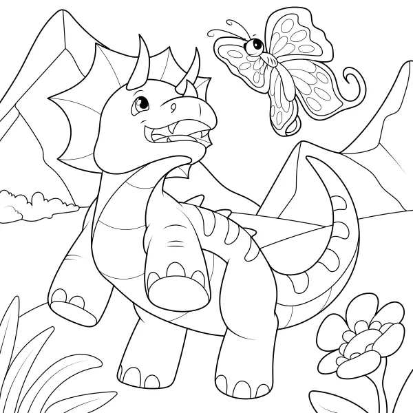 Triceratops and a butterfly | Online coloring pages for kids