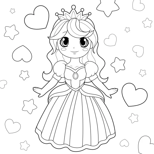 Princess, Hearts, and Stars | Online coloring pages for kids