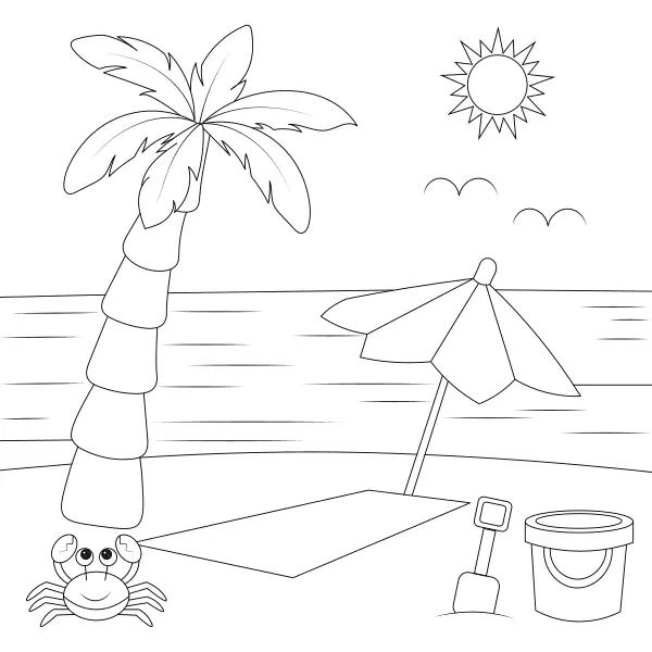 Beach with a beach umbrella | Online coloring pages for kids