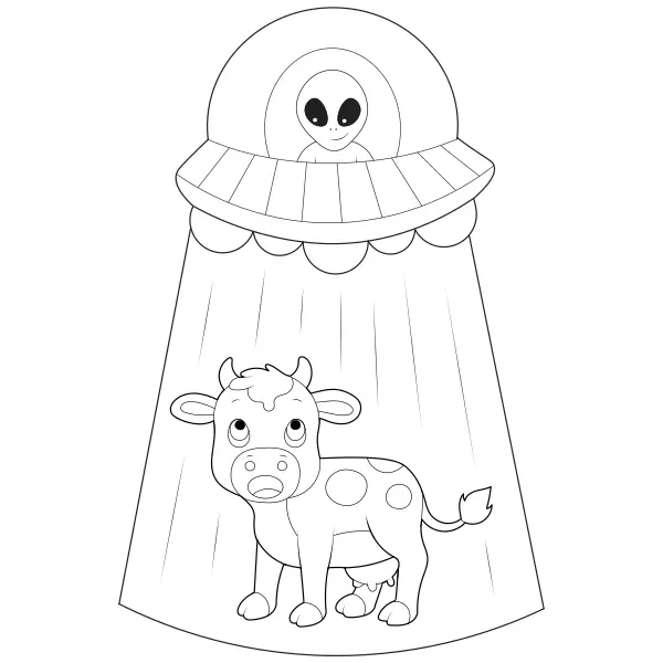 An alien abducts a cow | Online coloring pages for kids