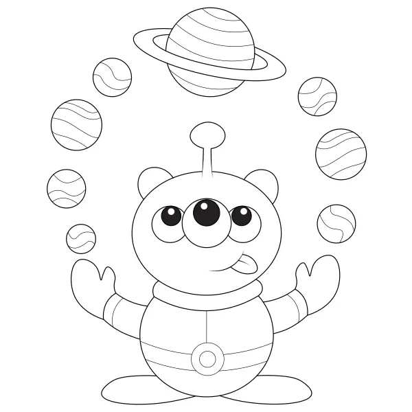 An alien juggles planets | Online coloring pages for kids