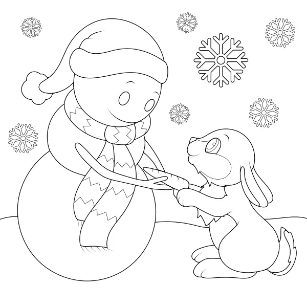 A Rabbit with a Snowman | Online coloring pages for kids