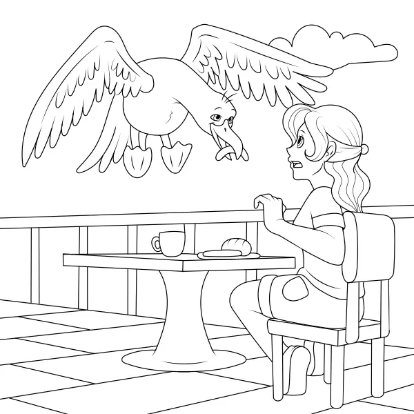A seagull is stealing food | Online coloring pages for kids