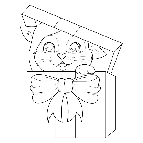 Cat in a present | Online coloring pages for kids