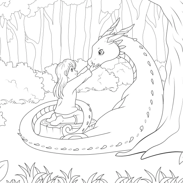 Girl with a Dragon | Online coloring pages for kids