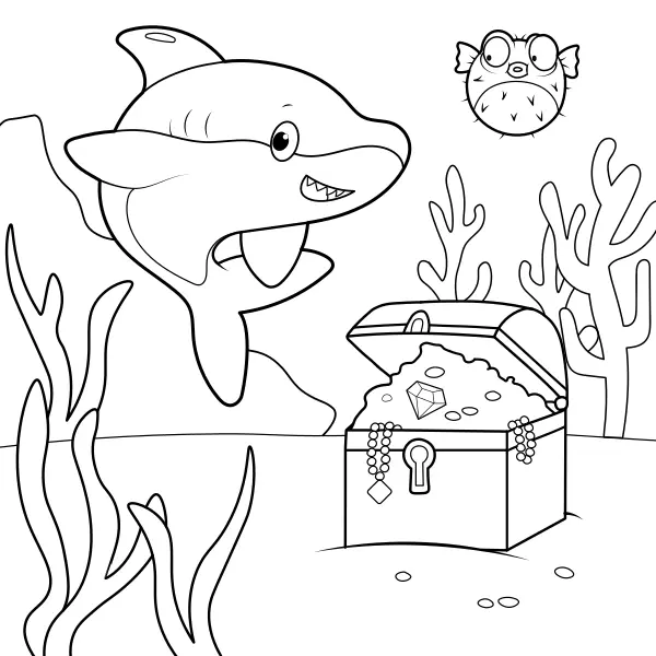 Shark and a Treasure | Online coloring pages for kids