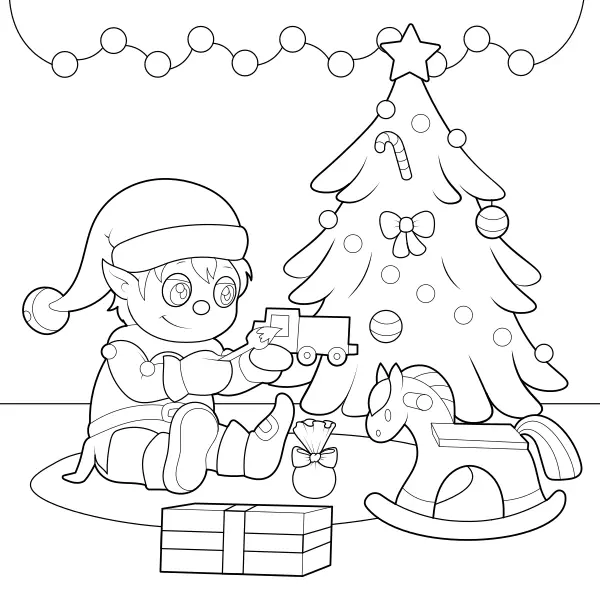 Christmas elf is making presents | Online coloring pages for kids