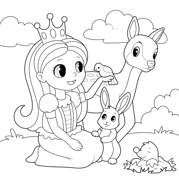 Princess and Animals | Online coloring pages for kids