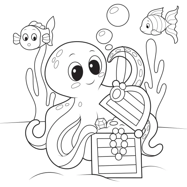 Octopus with a Treasure | Online coloring pages for kids