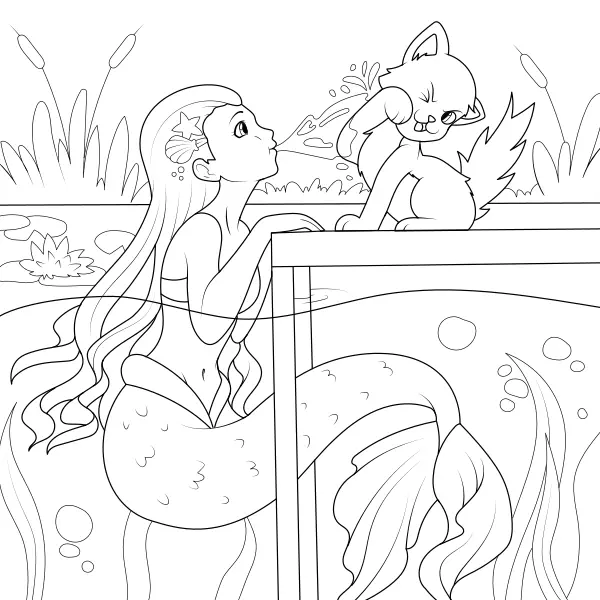 Mermaid and a Cat | Online coloring pages for kids