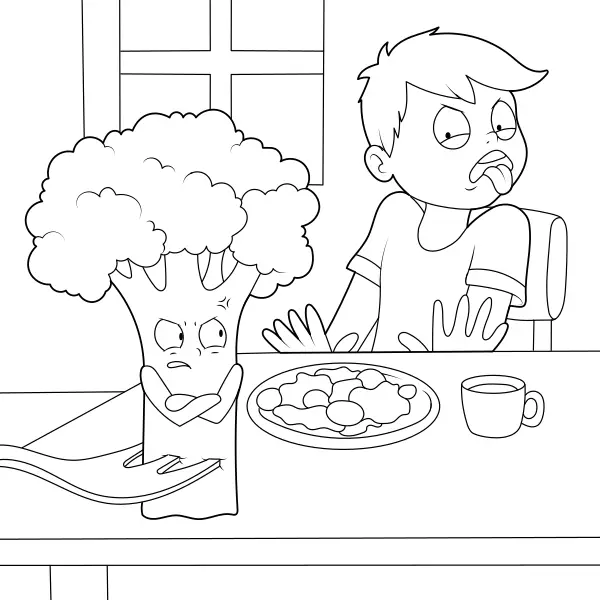 Boy doesn’t want broccoli | Online coloring pages for kids