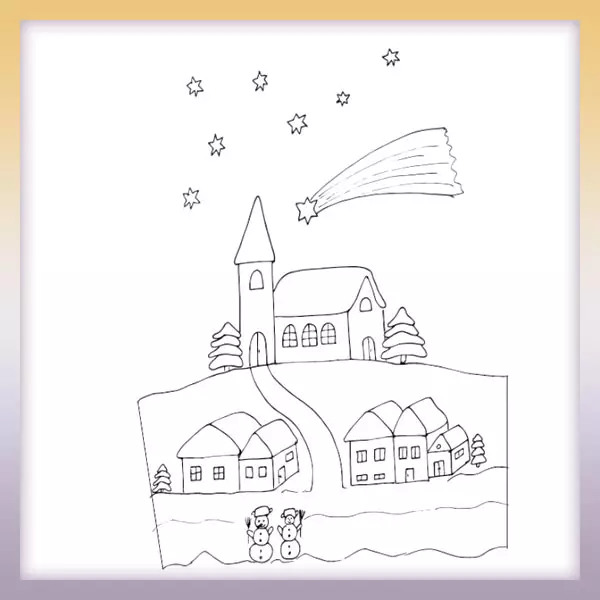 Village with church - Online coloring page
