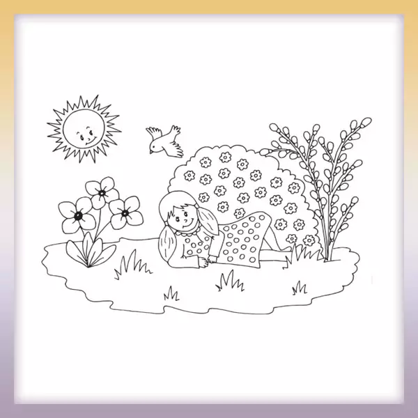 Girl on the meadow - Online coloring page