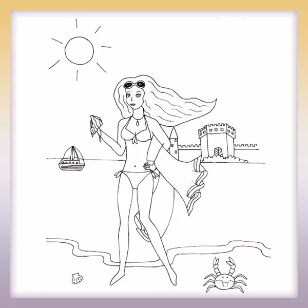 Girl on the beach - Online coloring page