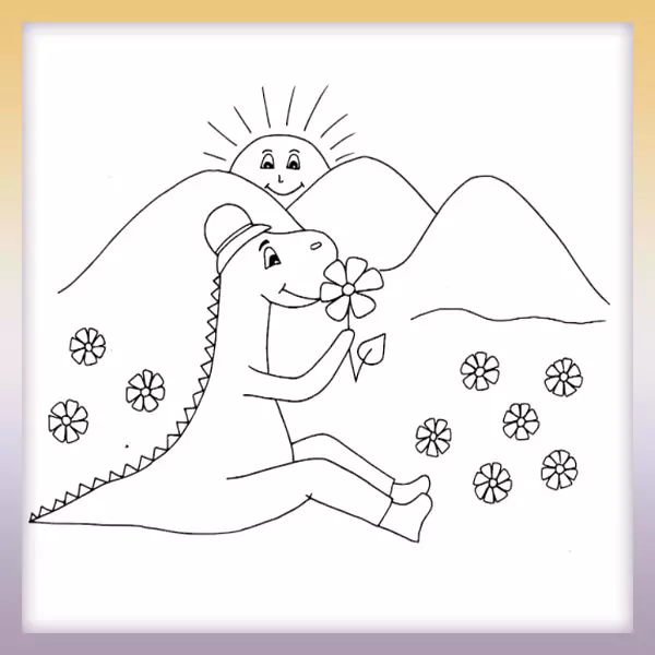 Dinosaur with a flower - Online coloring page