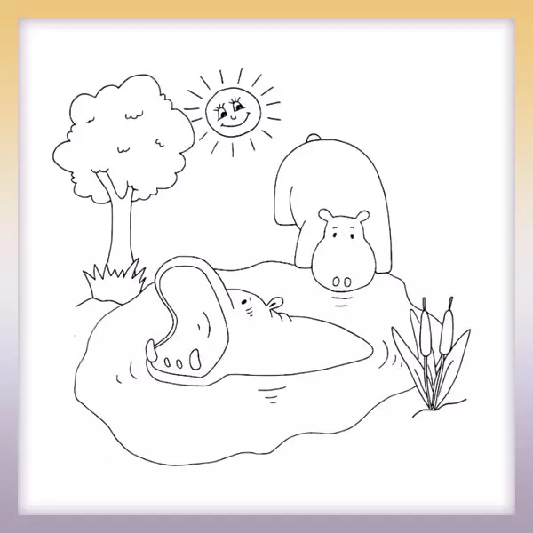Hippos in the pond - Online coloring page