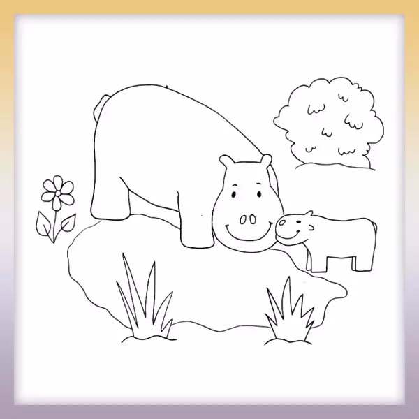 Hippopotamus family - Online coloring page