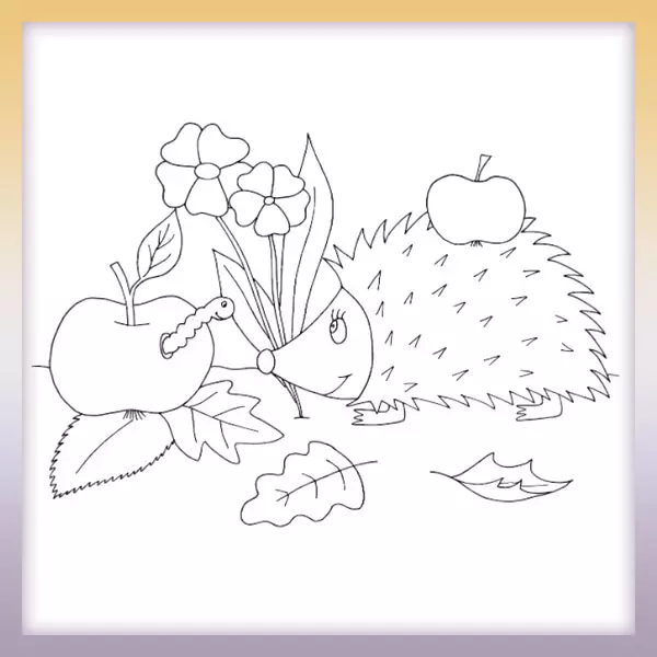 Hedgehog and apple - Online coloring page
