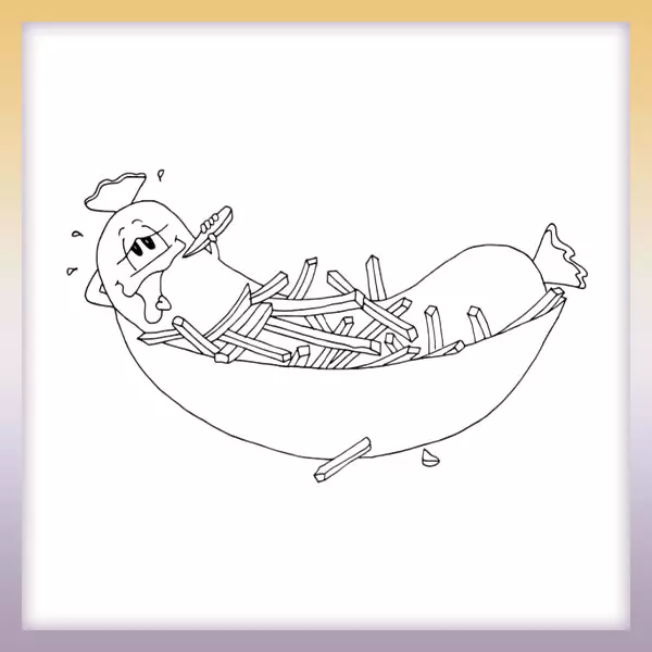 Sausage with french fries - Online coloring page