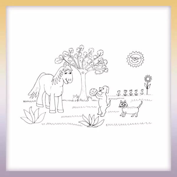Horse in the garden - Online coloring page