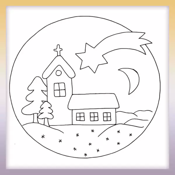 Church and shooting star - Online coloring page