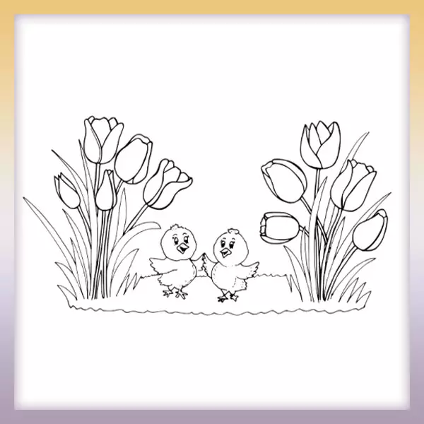 Chickens under tulips - Online coloring page