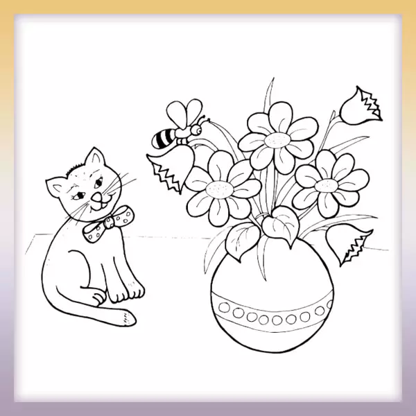 Kitten and a bouquet of flowers - Online coloring page